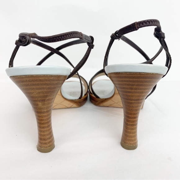 Chanel Blue / Brown Wooden Sole Strappy Heels Pumps 37 1/2 - Picture 9 of 13